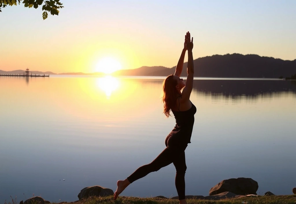 A person enjoying a yoga pose by a clear lake during sunrise, symbolizing holistic health.