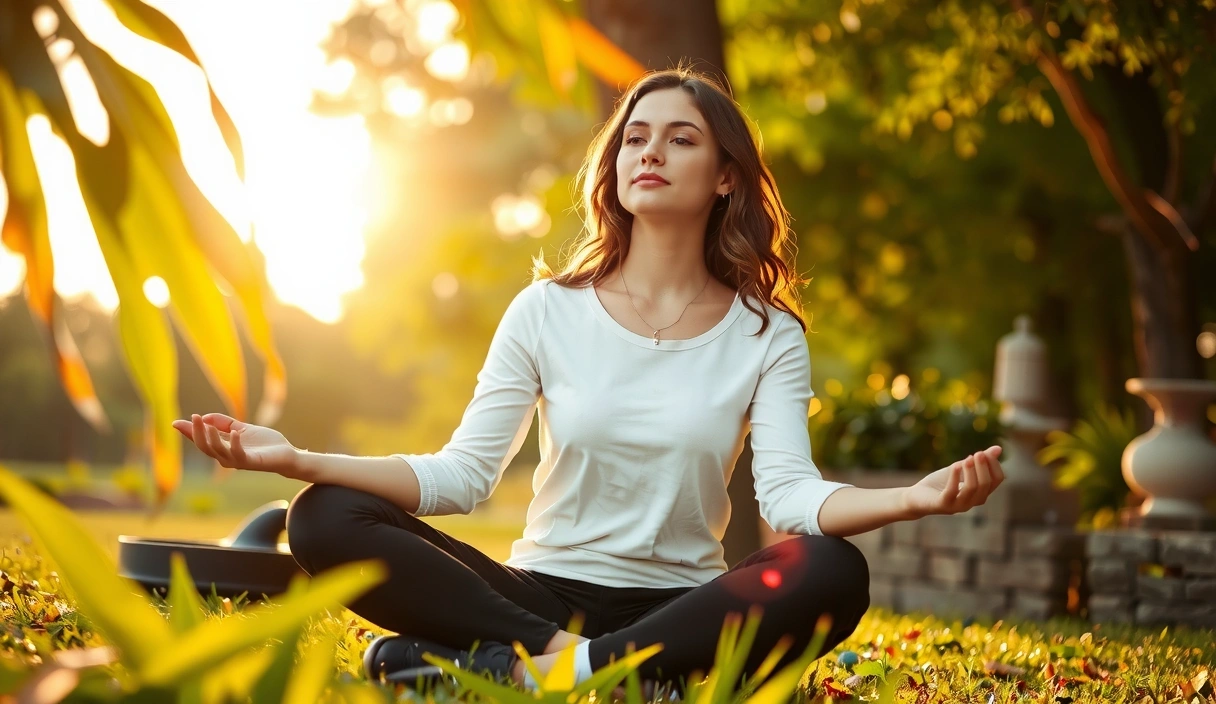 A woman meditating in a serene natural setting, surrounded by lush green plants and soft, warm light.