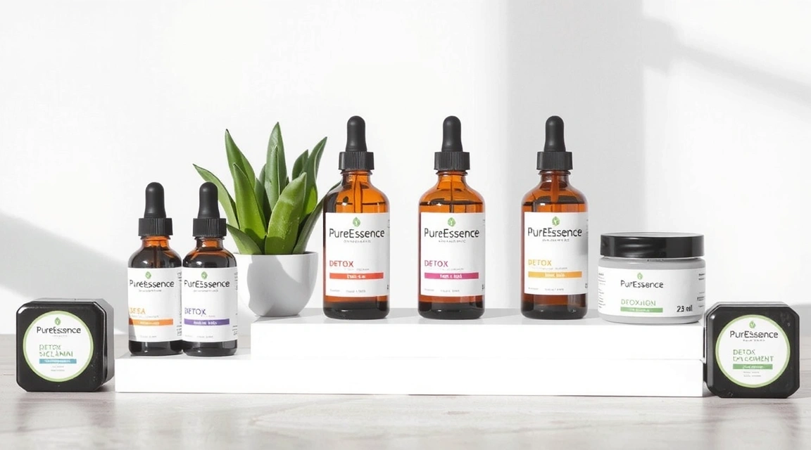 A selection of PureEssence Organics detox supplements, elegantly packaged on a clean surface.