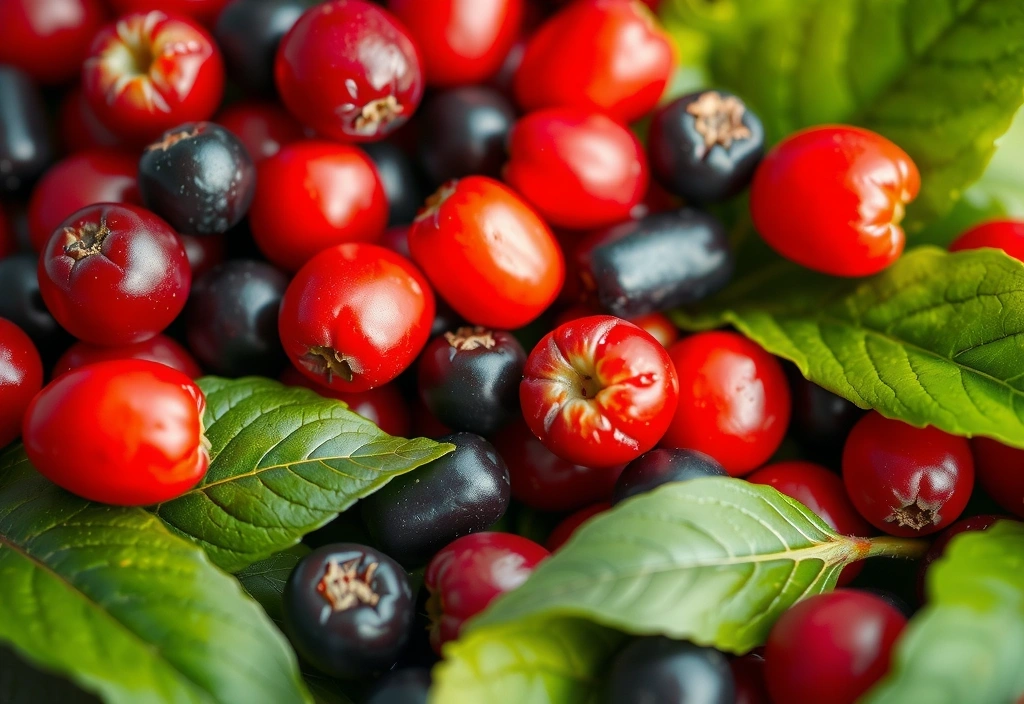 Close-up of vibrant organic berries and green leaves, symbolizing natural supplements.