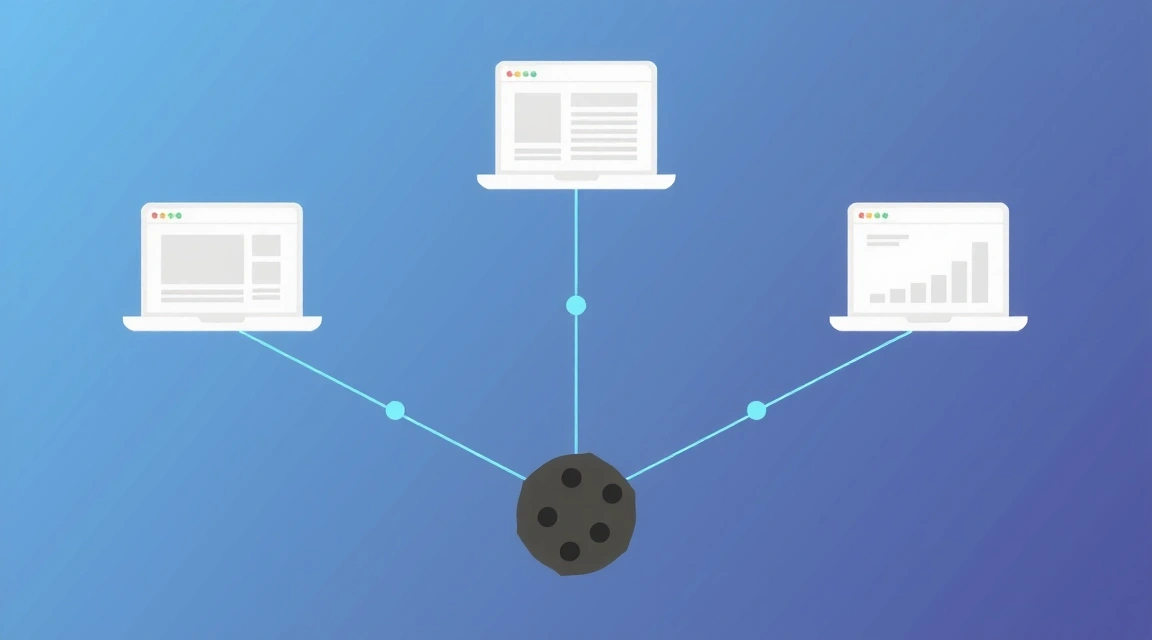 Abstract visualization of data flowing between different interconnected nodes, representing third-party data sharing and cookies