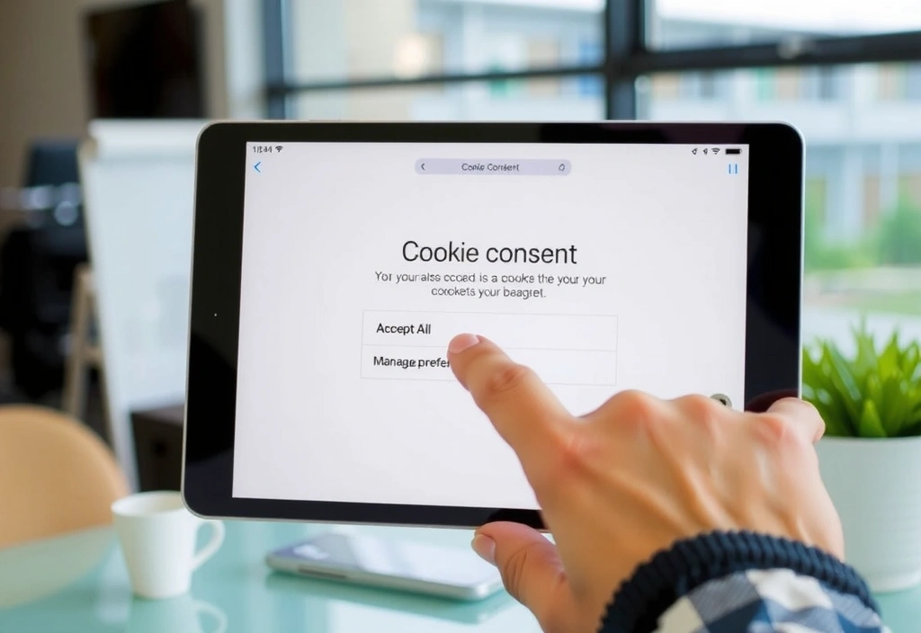Person's hand interacting with a digital interface showing cookie settings, with sliders and checkboxes for preferences